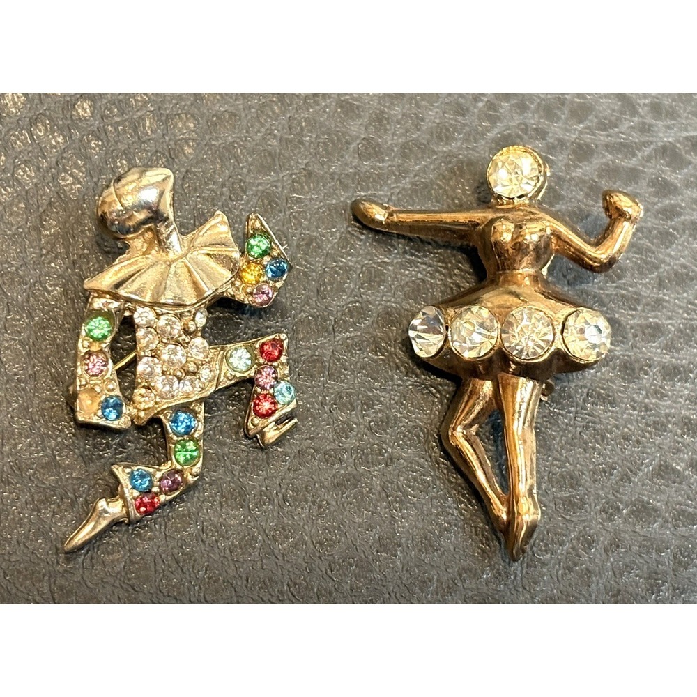 Vintage Clown And Ballerina Brooch Rhinestone Accents Set Of 2 Pins READ